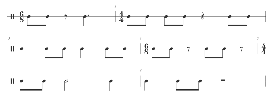 Sheet music exercise switching between 6/8 and 4/4 time signatures