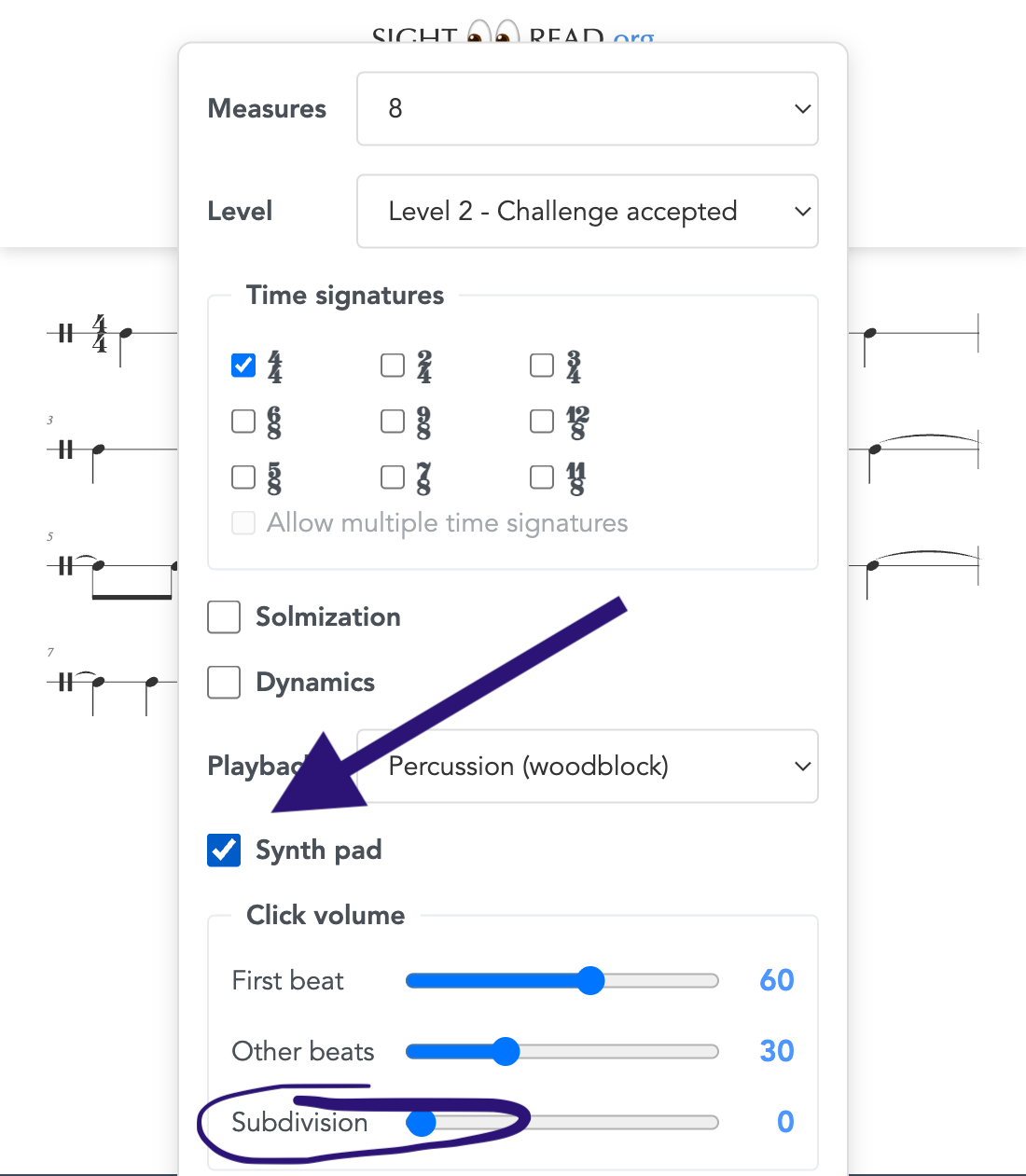 Settings panel showing Pad playback checkbox enabled
